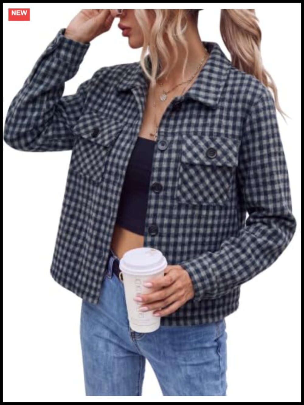 Cropped Plaid Shacket Flannel Long Sleeve Button Down Jacket Loose Fit